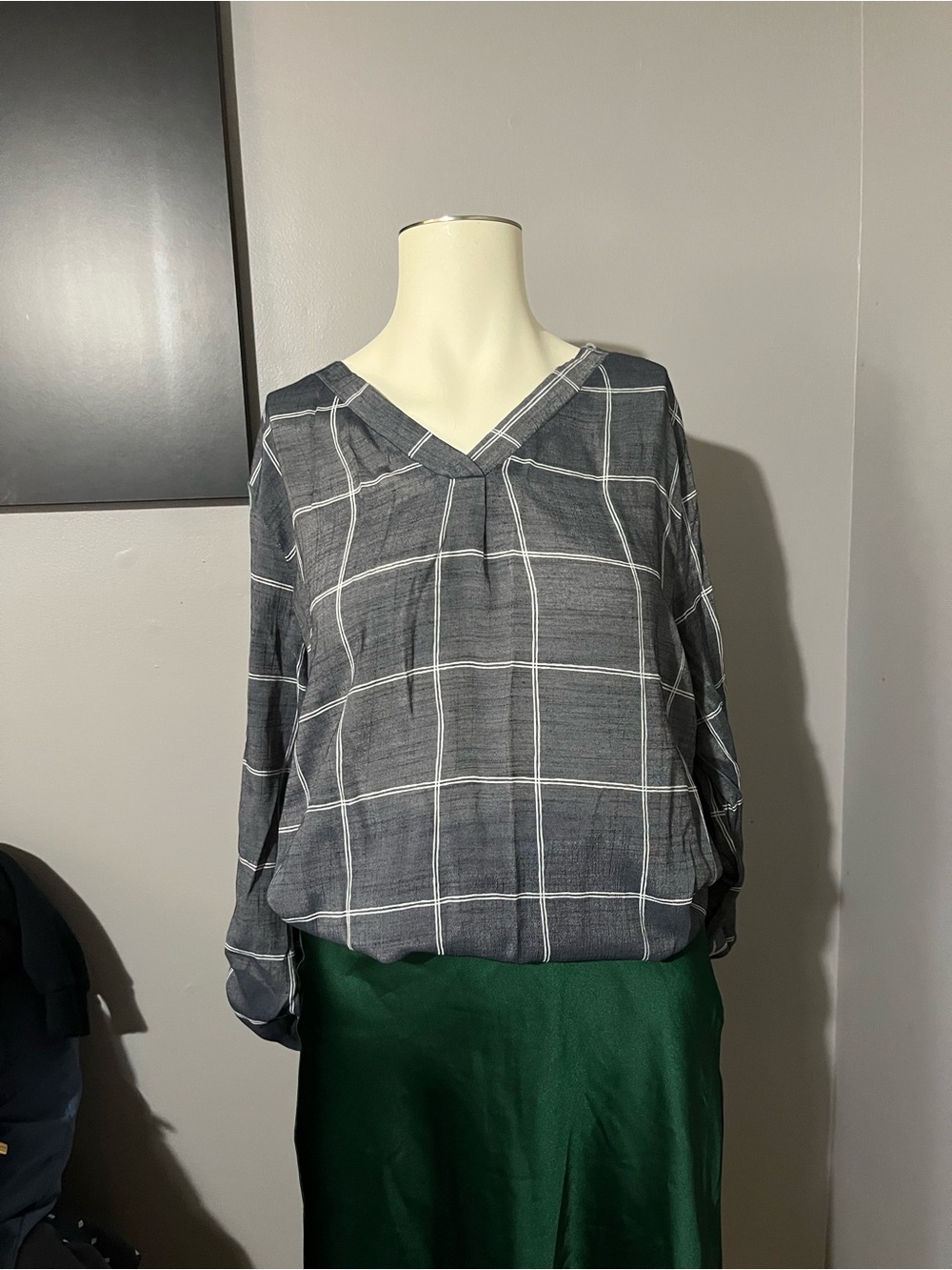 Gray Windowpane V-Neck Blouse - Versatile Everyday Top